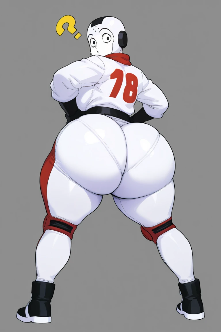 @Whiplashaarts, BlackWhiplash, 1 mature woman, smile, waist up, from behind, shaking ass, blonde hair, facing_viewer, detailed face+brown eyes:1.3, closed mouth, wearing a tracksuit, outdoors, background: track and field track, torn clothing,