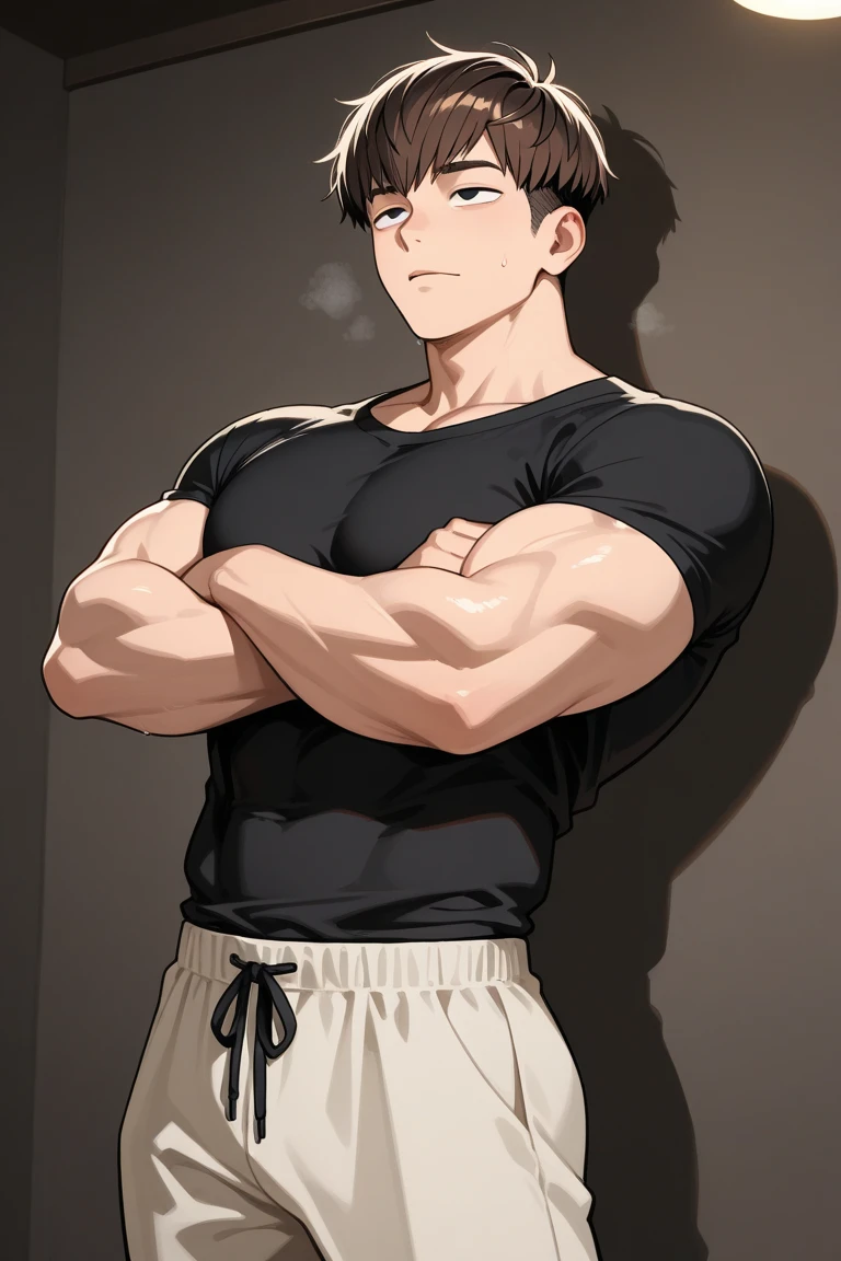 Kiritsugu is sitting and flexing his arms. He wears a black tshirt with short sleeves. His right sleeve is completely rolled up, so you can see his entire arm and shoulder. He wears black short boxershorts. You can see his thighs completely. He has a huge bulge. You can see his abs too. He is admiring his arms. he has many big veins on his arms.