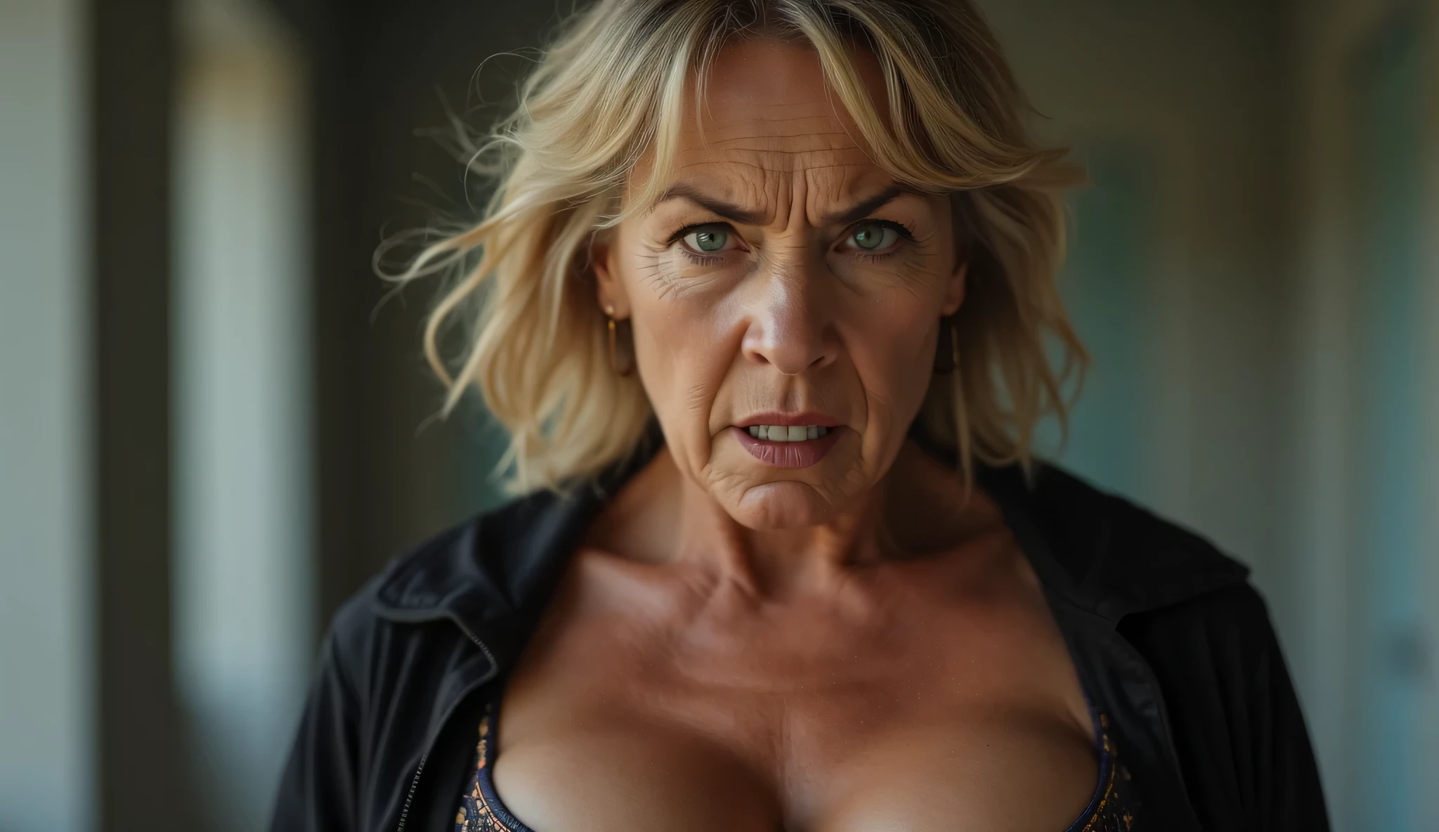 55-year-old woman on her back, messy auburn hair, seductive gaze, green eyes, some wrinkles on her face, 8k, detailed background, utlra realistic, realism, exta realistic, wrinkles on body, random sexy pose, evening time, dark outside, NSFW, tight tanktop, fog outside the window, sitting on the fl, (thick body:1.2), (large breasts:1.3), white bra, looking at viewer from below, teeth indoors,soft lighting, extreme detail, hdr, short hair, irish, ((freckles:1.2)), (erotic pose:1.6), (wide hips:1.3), (55 years old:1.6), mature, old, skin wrinkles, (screaming orgasm:1.7)