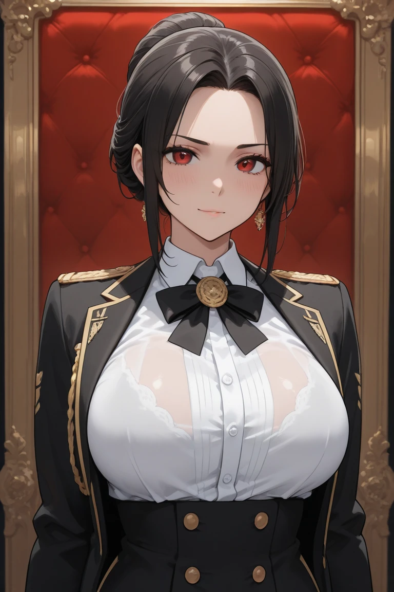 mature girl, ,bukkake,excessive cum,steaming body,female bruno, black hair, bowl cut, gold hair accessories, white jacket with black tear drop pattern, open jacket, gold zippers on arms and chest, chest tattoo, large breasts, white pants with black tear drop pattern