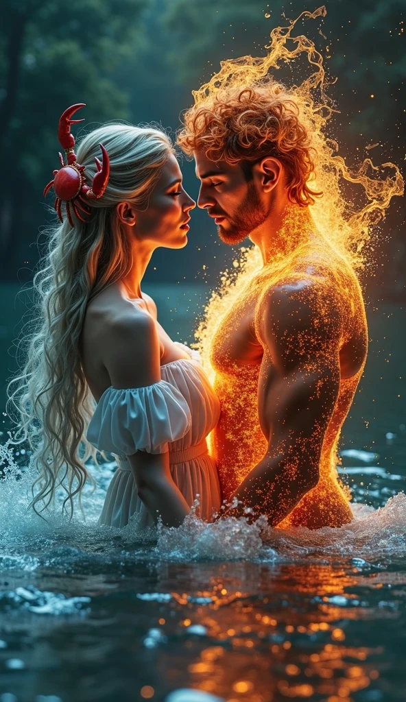 18 year old young woman, red hair and a tall man, brawny, big platinum hair, bathing in a waterfall and kissing