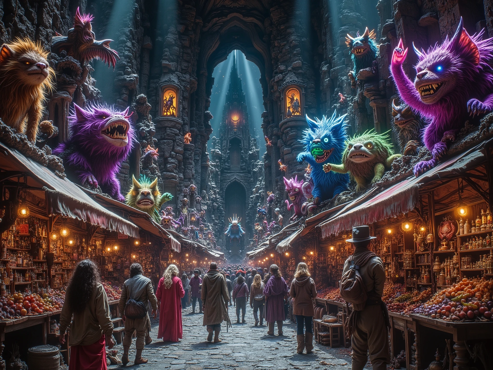 Bargain hunting in the monster market. Lots of furry monsters and scaly monsters and feathery monsters and disco monsters on sale in the monster market. Bright colours dark colours neon colours scary colours.