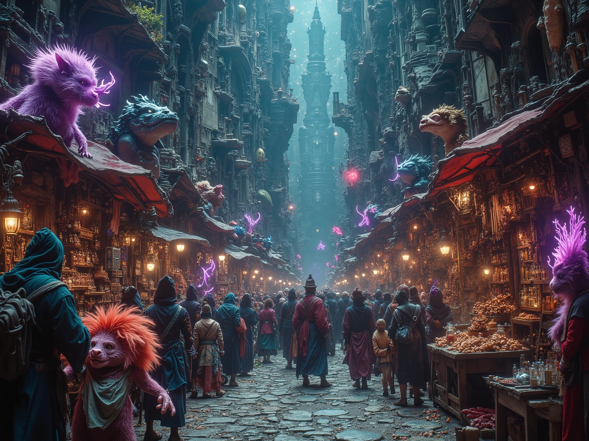 Bargain hunting in the monster market. Lots of furry monsters and scaly monsters and feathery monsters and disco monsters on sale in the monster market. Bright colours dark colours neon colours scary colours.