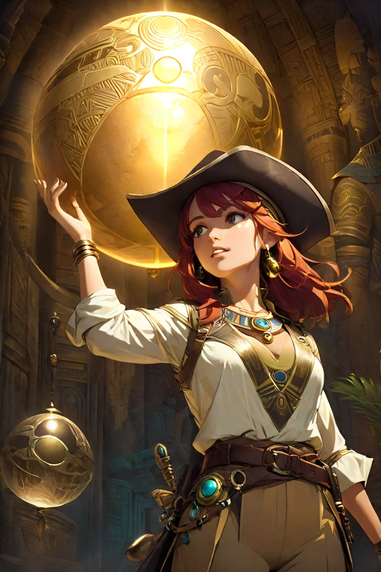 a cinematic picture of a beautiful redhead explorer, she wears a bucket hat, walking passionately in an enigmatic Egyptian Mega Pyramid with gigantic towering pillars, in a bright strange starry night and bluish moonlit, her eyes mesmerizingly Amazed, insanely detailed and intricate Ancient Egyptian Scene