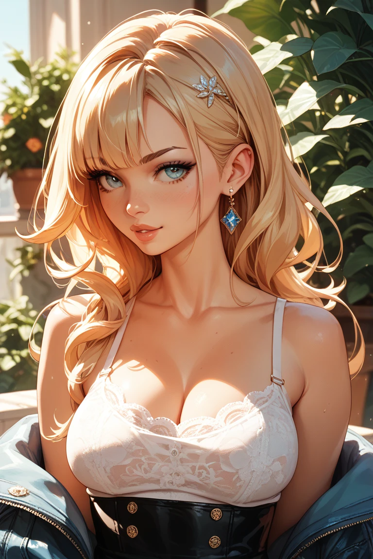 masterpiece), (portrait), medium breasts (aesthetics), ((28 year old Wolf-Girl beautiful)), ((long straight hair parted)), ((pretty punk hair and natural blonde)), thin eyes and open, brown eyes, round breasts, feminine, woman, feminine features, high quality, aesthetic clothing, professional angle, (rule of thirds), feminine features, solo, (attractive Korean woman), summer, (ink fog), (afternoon), (vibrant light), seductive posture, ((face looking forward)), pink off-shoulder blouse, long sleeves, long hip hop top, beautiful stylish skirt ((Energy)), (Bold makeup), (Breasts medium), Glossy skin, (Clothes with Hip Hop details), (beautiful clothes), (Beautiful neckline), beautiful body, beautiful eyes, bright eyes, seductive smile, beautiful mouth, beautiful lips, (best quality, ultra detailed, photorealistic: 1.39 ), bright and vibrant colors, studio lighting, romantic expression, seductive, seductive, in the wooden cabin, waterfall in the distance, cute girl pose