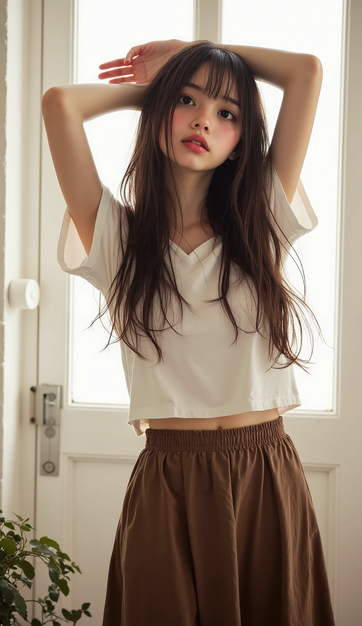 Uma jovem mulher linda, seios fartos, roupas curtas, fotorrealista
