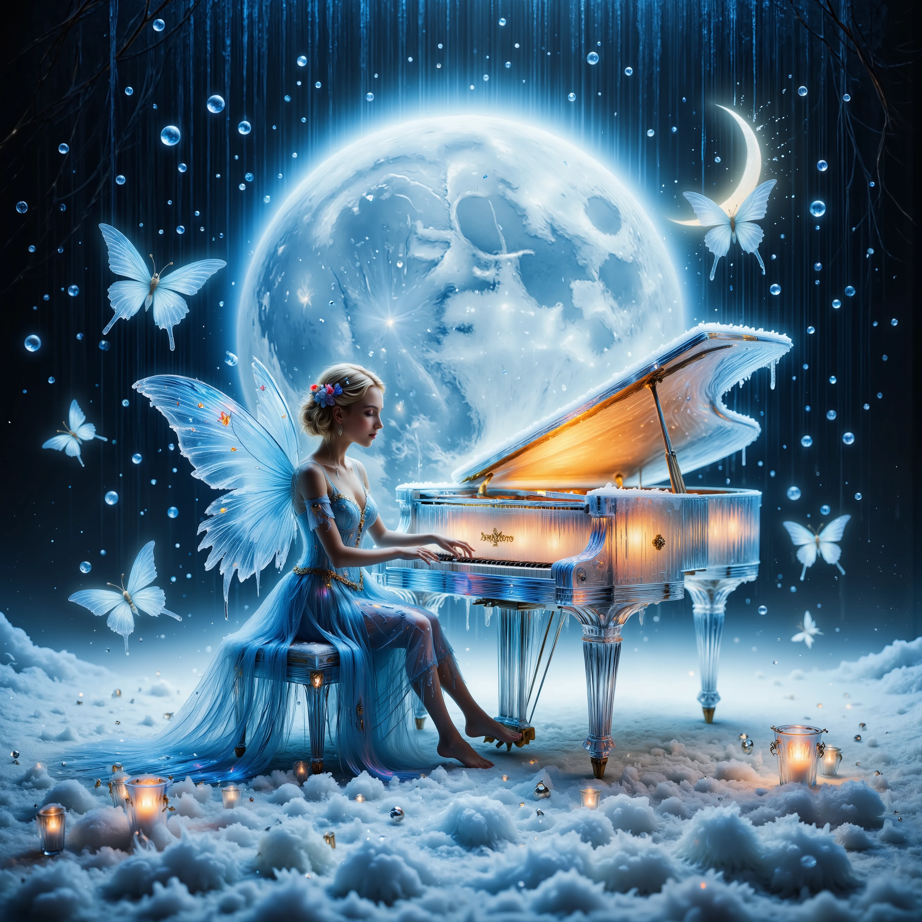 A breathtakingly beautiful, high-definition image of a young adult (circa 20 years old) fair-skinned woman with shoulder-length, flowing blonde hair and captivating brown eyes, possessing enormous, translucent, luminous wings like a moth, gracefully seated at a grand, lit, and luminous translucent grand piano. Her attire: a flowing, ethereal gown of shimmering, icy blue silk, adorned with delicate silver embroidery, mirroring the snowfall around her. She plays with an elegant, poised posture, her fingers dancing lightly across the ivory keys. Her expression is serene and slightly whimsical, eyes closed in concentration, conveying a sense of peaceful enchantment. The piano itself radiates a soft, inner light, casting a gentle glow upon the falling snow. A gigantic crescent moon hangs in the inky-black sky, partially obscured by swirling snowflakes. The scene is bathed in soft, cool light, creating a dreamy, magical atmosphere evocative of Art Nouveau and Symbolist styles. The perspective is a slightly elevated medium shot, focusing on the fairy and her interaction with the piano. The background showcases a heavily snow-laden landscape, the snow possessing a soft, feathery texture, contrasted against the smooth, luminous quality of the piano and the fairy's wings. The overall mood is serene, whimsical, and deeply magical, emphasizing tranquility and otherworldly beauty. The image emphasizes intricate details, capturing the delicate textures of the snow, the fairy’s wings, and the piano’s translucent surface.