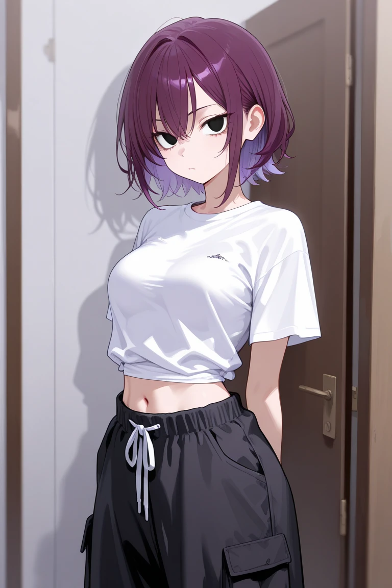 masterpiece, qiqidef, , standing, shiny skin, navel, (lifting shirt), black panty, white t-shirt, unclothed, no clothes, looking at viewer, (from below:1.2), cinematic lighting, purple hair, rose eyes, short hair, naked, white background, smoll stature, flat cheast, flat tits, show pussy, unclothed. medium thighs, small breasts, 1 girl, one girl, small stomach, curvy waist, round butt, small belly, clear skin, 1 girl, cute girl, smoll tits, red shorts, show pussy, gym clothes, sitting, curvy waist, good butt, one girl, 1 girl, 1 girl