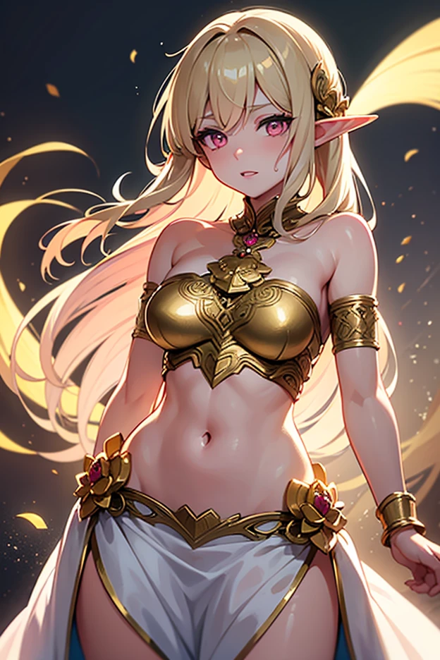 masterpiece、top-quality、ighly detailed、hight resolution、16k、fullnude、teats、Boob proportions、golden armour、Very thin skirt、Full body like、Very white skin、Beautiful fingers、Anime girl with very big breasts posing naked、Perfect Style、elvish、no-bra、Blonde blue-eyed、A smile、An elf girl