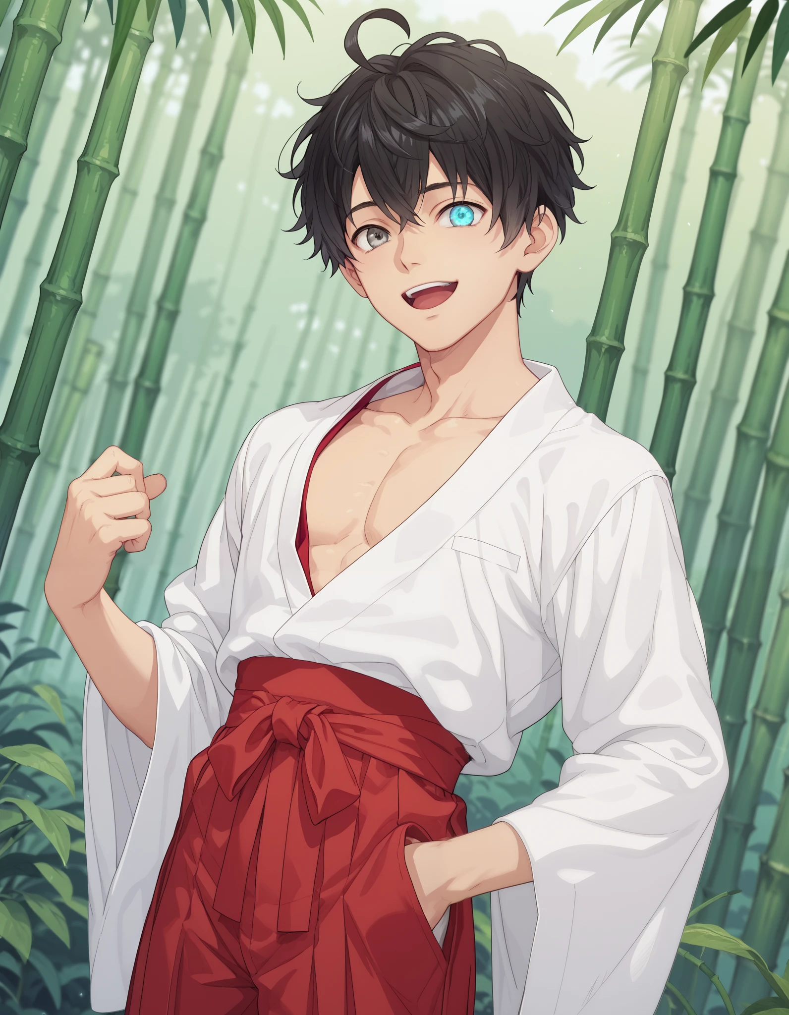 score_9, score_8_up, score_7_up, source_anime, anime_screencap, solo, 1boy, felix_clermont, grey eyes, short hair, ahoge, male focus, smile, open mouth, black hair, bangs, sidelocks, miko outfit, hakama, red hakama, collarbone, open kimono, cowboy shot, bamboo