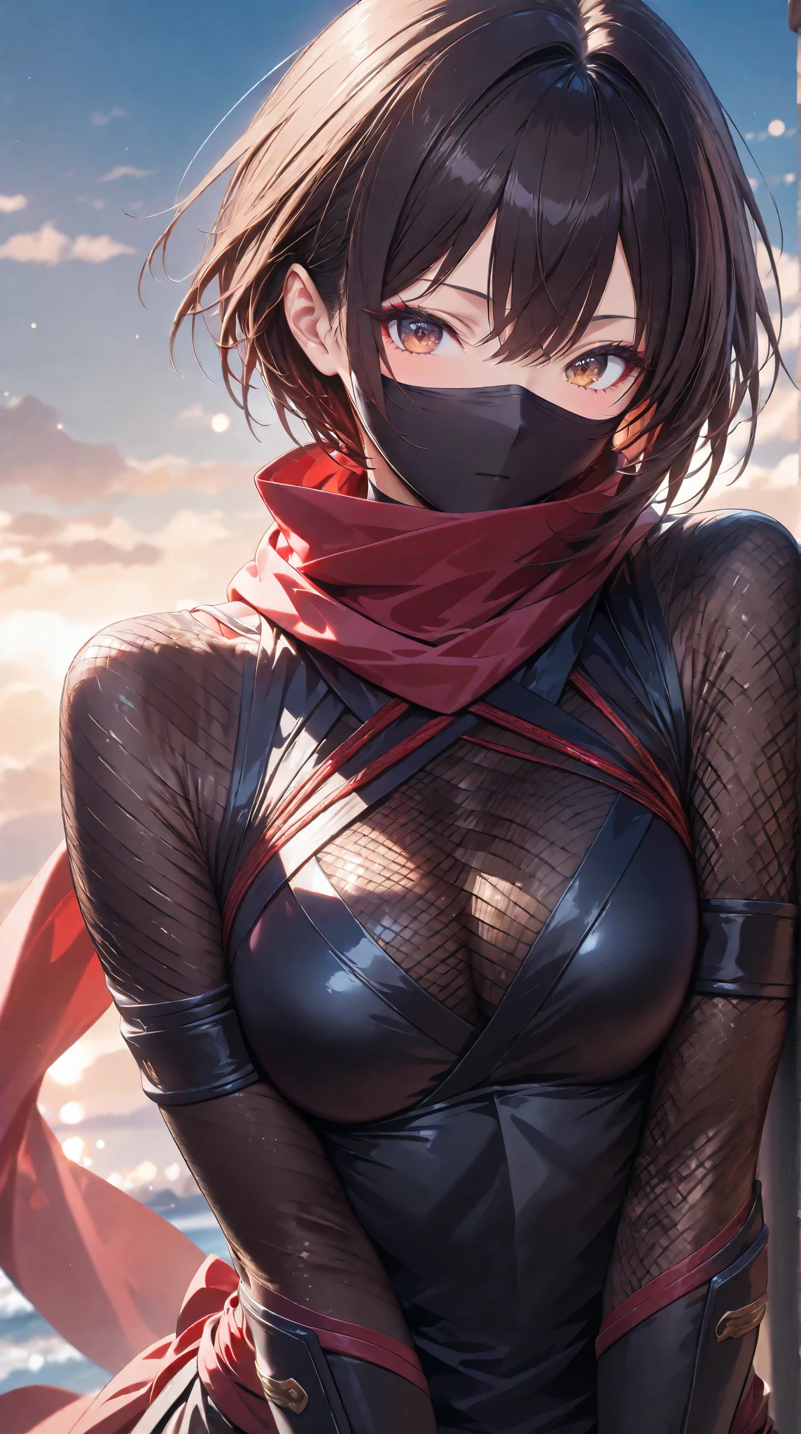 prisoner of war, ninja, ponytail, black mask, medium breasts, torn clothes, Cloth wrapped around chest, restraint, anger, slanted eyes, rope, whole body wet, wet crotch, wet thighs, Watery eye , shy