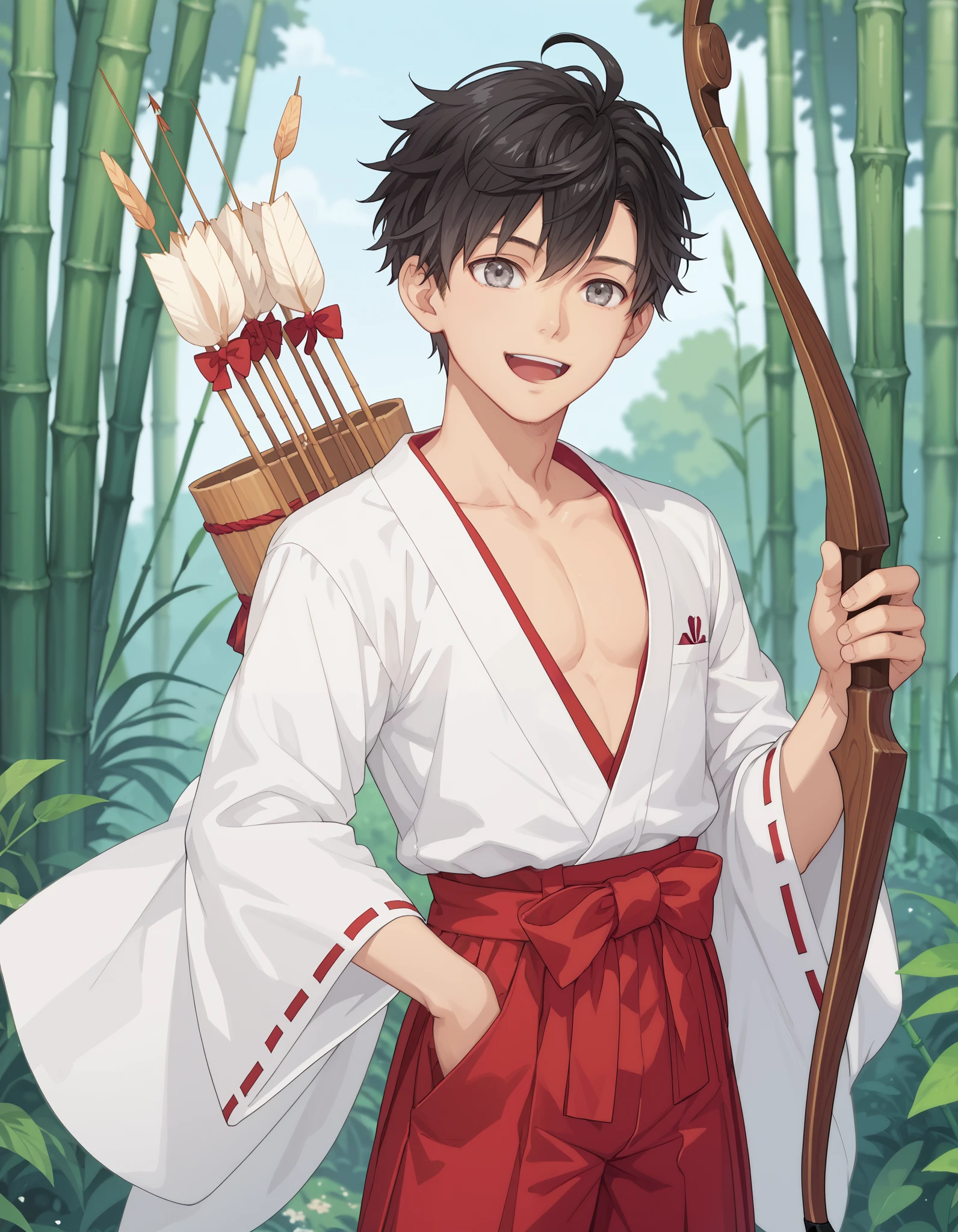 score_9, score_8_up, score_7_up, source_anime, anime_screencap, solo, bow \(weapon\), holding bow \(weapon\), holding weapon, arrow \(projectile\), archery, 1boy, felix_clermont, grey eyes, short hair, ahoge, male focus, smile, open mouth, black hair, bangs, sidelocks, miko outfit, hakama, red hakama, collarbone, open kimono, cowboy shot, bamboo