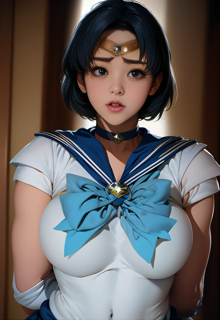 (masterpiece:1.2, best quality), 1girl, (sailor mercury:1.5), mid host Appearance: {slender, slim, fit, blue eyes, huge breasts, (excessive pubic hair:1.2) Clothing: {naked, , barefoot} Accessories: {simple hoop earrings, shell necklace, (nipple_piercing:1.5, nipple_rings:1.2)} Hair: {shor blue hair} Makeup: {natural} Behavior: {smirk} Location: {dreamy landscape, with a glistening white castle town perched atop a tall cliff stretching out over the ocean. White capped waves wash up against a sandy shore with dreamy white clouds drifting across the crystal clear blue sky. The sun casts warm shadows across the scene. A gentle refreshing summer breeze blows through the trees.}, open blouse
