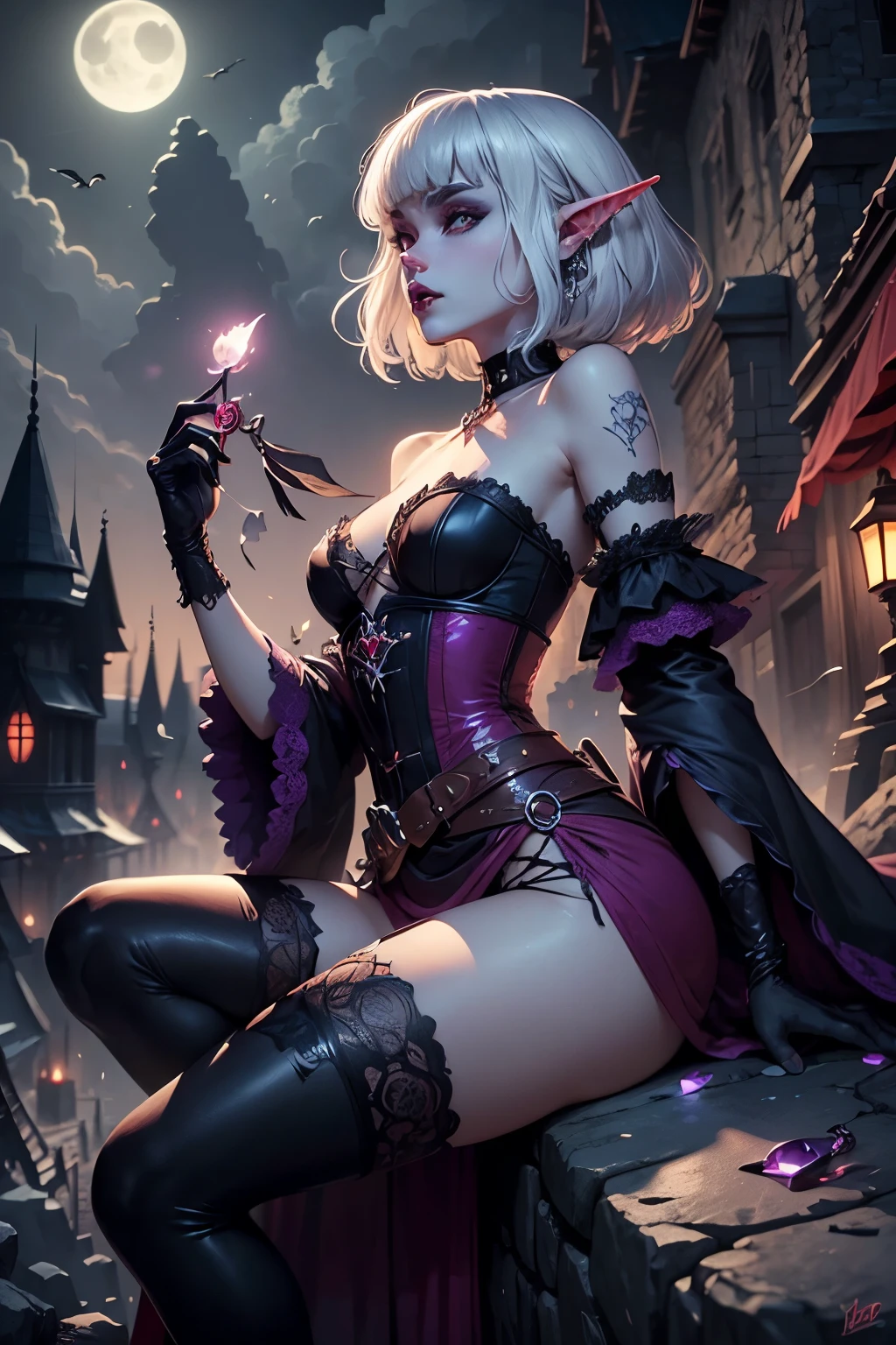 (Ultra-detailed face , Looking away , Fantasy Illustration with Gothic , Dark tone colors . ) , BREAK (This is the world of Castle Ravenloft , the massive gothic Dracula Castle perched atop Barovia's steep , piercing crag , an eerie vulture in the red , blood-colored moonlight that illuminates the night sky . ) , BREAK (A dark elf female vampire hunter is flying up the steep rocky hillside with her partner , a tall , slender , silver-haired werewolf . ) , BREAK (The young dark elf vampire hunter has white hair , white eyebrows , blunt bangs , well-cut shoulder-length hair , lavender eyes , small pink lips , dark purple skin , and dark , thick eyeliner . ) , BREAK (The dark elf female vampire hunter wears an obsidian choker and a lace-up dress of jet-black crow's-feather fabric with a 19th century English Victorian amethyst corset . She wears a blackcurrant sash around her waist and an old-fashioned dagger at her hip . She wears bare feet and shiny , jet-black pin heels . ) , BREAK (Her werewolf partner has a pale , glowing hieroglyphic tattoo over his body . He wears a 19th-century English Victorian steampunk-style legal gown with thin copper reliefs . The werewolf has glowing blue eyes , sharp fangs , and sharp hand claws at the ready . )