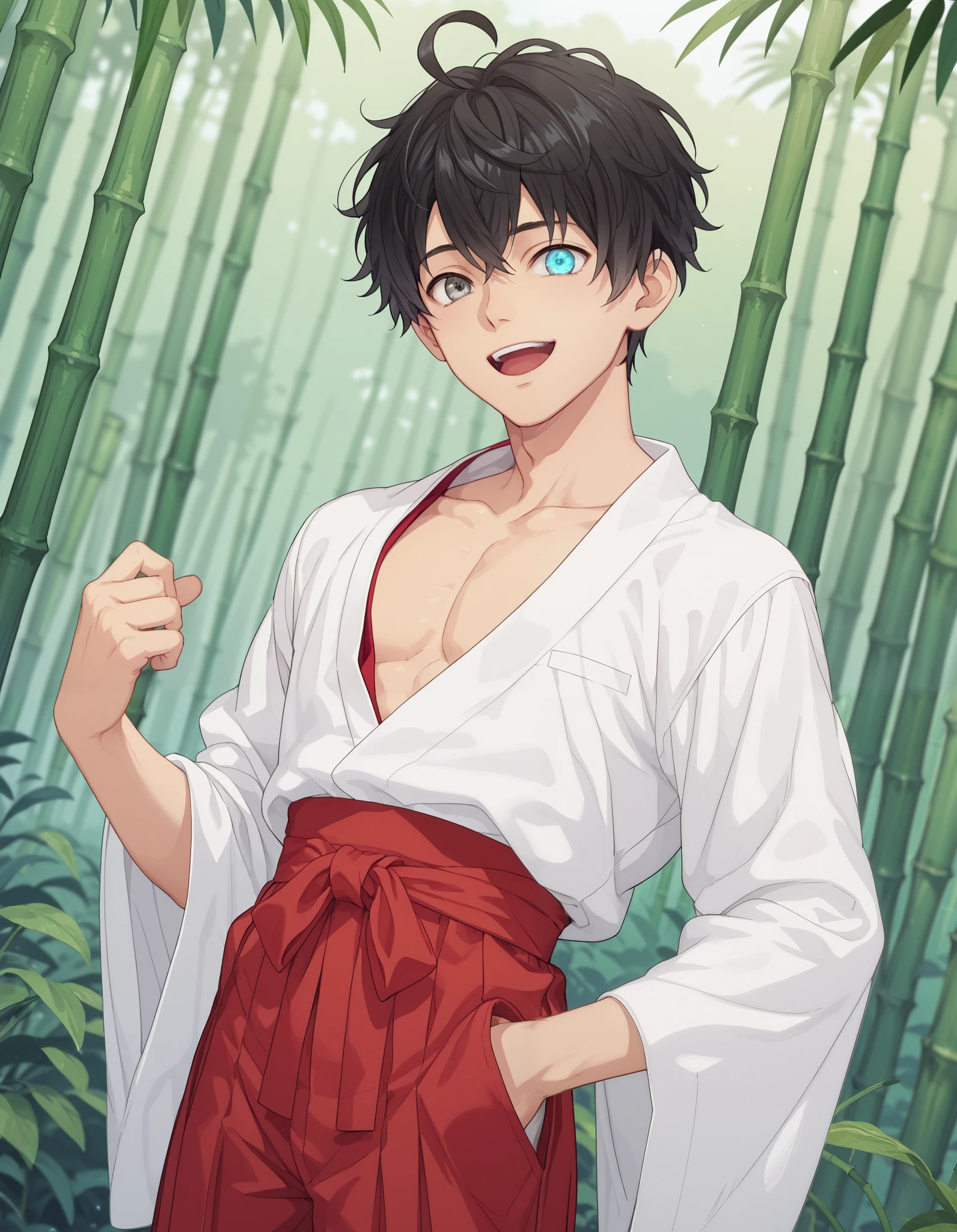 score_9, score_8_up, score_7_up, source_anime, anime_screencap, solo, 1boy, felix_clermont, grey eyes, short hair, ahoge, male focus, smile, open mouth, black hair, bangs, sidelocks, miko outfit, hakama, red hakama, collarbone, open kimono, cowboy shot, bamboo