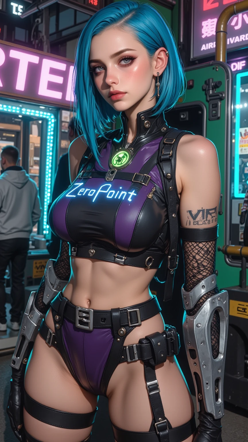 arafed woman with purple and blue hair and a tattoo on her chest, cyberpunk style color, cyberpunk style ， hyperrealistic, spraypainted bodypaint graffiti, hyper-realistic cyberpunk style, beautiful cyberpunk woman model, in cyberpunk style, cyberpunk 2 0 y. o model girl, cyberpunk girl, ilya kuvshinov and artgerm, cyberpunk colors, body paint