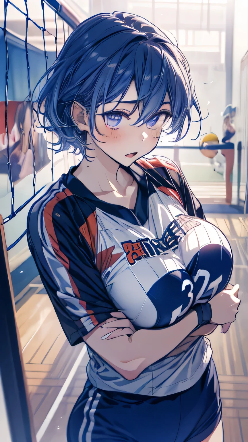 1girl absurdres ball blue_hair breasts chromatic_aberration clothes_writing highres huge_breasts igawa_asagi mature_female mika_l playing_sports shirt_writing skindentation tagme taimanin_(series) taimanin_asagi volleyball volleyball_(object)
