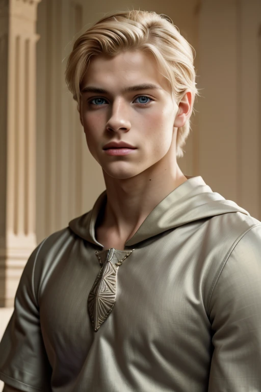 photorealistic, a young man, golden blonde hair, whole body, in castle, topless, lean body type, masterpiece, realistic, 8k, detailed, inside castle, highly detailed face, f2.8,denoise, dof, sexy pose, blur background,