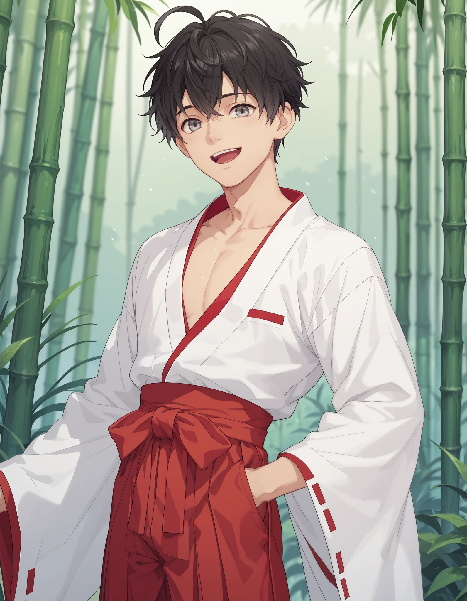 score_9, score_8_up, score_7_up, source_anime, anime_screencap, solo, 1boy, felix_clermont, grey eyes, short hair, ahoge, male focus, smile, open mouth, black hair, bangs, sidelocks, miko outfit, hakama, red hakama, collarbone, open kimono, cowboy shot, bamboo