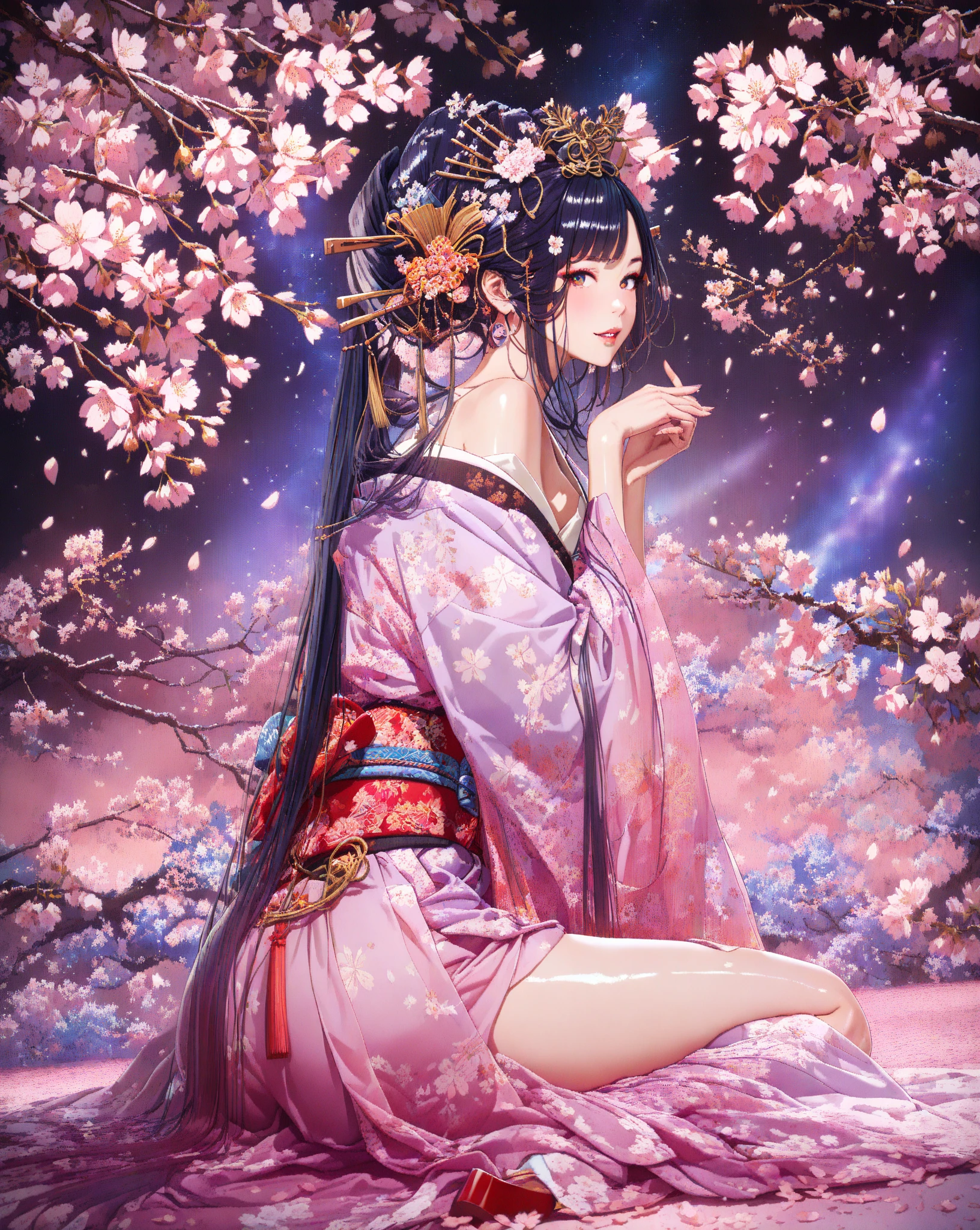 <lora:Oiran-10:0.7>, (Masterpiece, Best Quality:1.3), (thick lineart), (faux traditional media), highres, official art, best illustration, (8k resolution), 1girl, mature female, solo, japanese clothes, from above, breasts, obi, stylish, intricate, fantastic, fairytale, fantasy art, (detailed face),  lying on a bed of flowers, on back, (lovely eyes, looking at viewer, lipstick), depth of field, silhouette, perfect, makeup, lovely, (details:1.2), camellia, various colors, vivid, colorful, shiny, sky, stars, lumen global illumination, (background in the style of Hokusai Katsushika:1.3), water, ripples