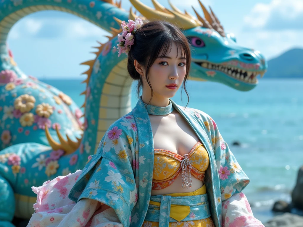 (very heavy chest)、highest quality、masterpiece、ultra high resolution、(water dragon armor)、(((Metal製))),(((big breasts)))、(((white micro bikini))),(she wears a beautiful crown made of precious stones.),(Photoreal:1.4)、RAW photo、1 girl、(((random hair))、(((color々take a pose)))、glowing skin、(((water chinese dragon)))、intricate and gorgeous hair ornaments、(looks like a gorgeous necklace)、(someone who looks at you calmly, Eyes like a goddess.)happiness:1.2).((beautiful sea background))、cliff、(ruins background)、((Ultra realistic details))、portrait、global illumination、(sexy pose)、Shadow、octane rendering、16k、big breasts、Raw skin exposed in the cleavage、Metal、intricate decorative details、Japan details、very intricate details、realistic light、CG Society Trenlow Eyes、Eyes shining towards the camera、(((heavy big))),Shining eyes shine、armpit、24k,