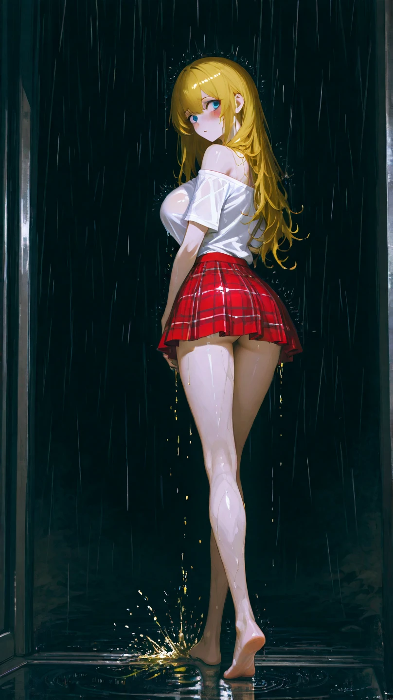 (masterpiece), best quality, ((expressive eyes)), ((perfect face)), (aroused expression:1.2), ((HD)), ((4K)), ((Pretty face)), (large breasts:1.5),((2girls)), (schoolgirls), ((school uniform:1.4)), small uniform, (tight uniform), ((micro skirt)), ((panties)), ((upskirt:1.2)), (cleavage), ((from below:1.5)), from above, city alleyway, neon lights, heavy rain, (wet clothes), (see-through shirt:1.3), open shirt, hard, night, long hair, braided hair, (((ginger hair))), ((wet hair)), ((green eyes)), curvy bum,