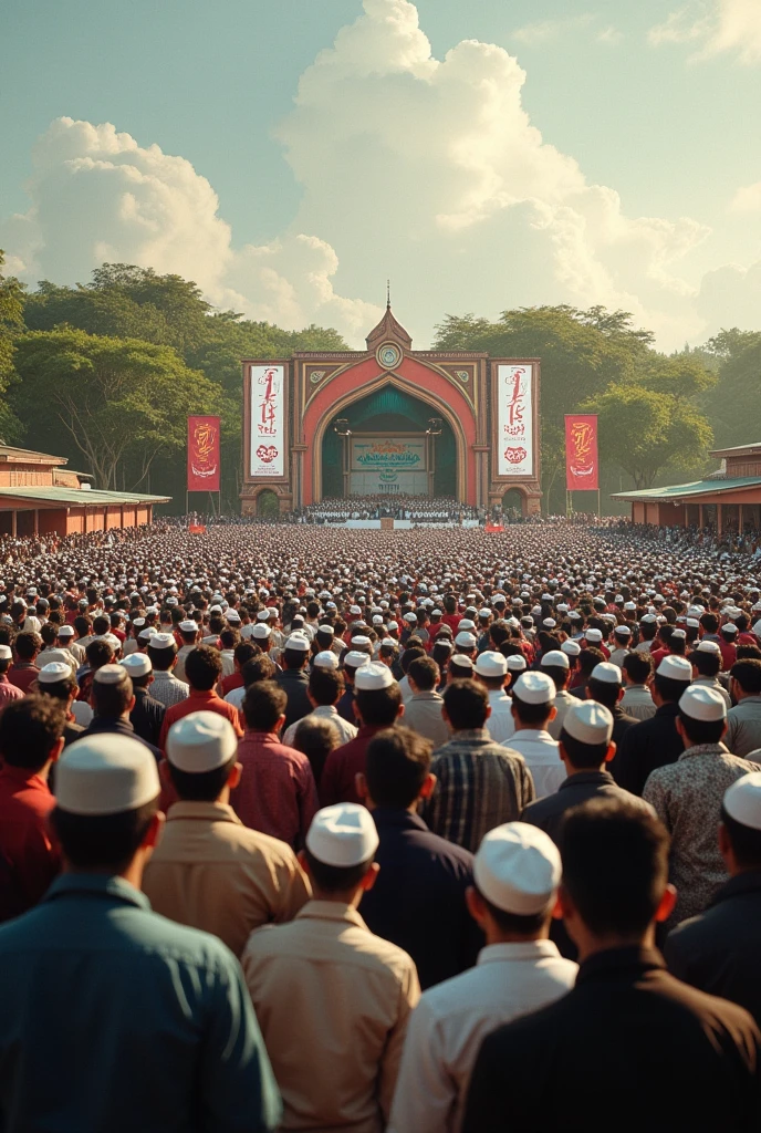 Many muslims religion men crowd with wear kurta and pajama with anger on face and cap on the head and all men focus on head off camera