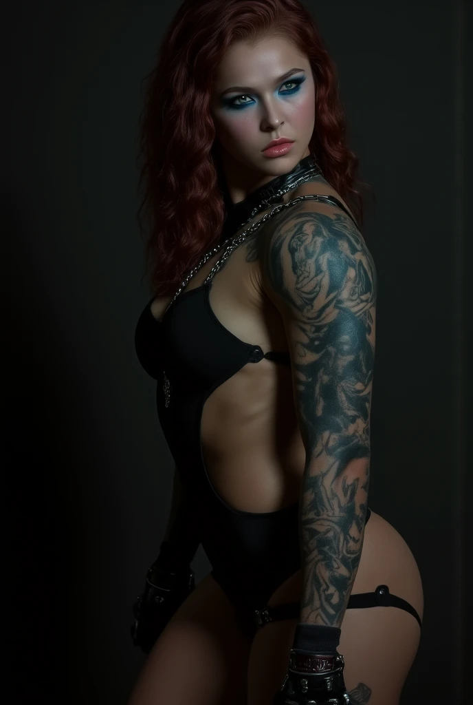 tattooed woman with red twin tail hair and glasses posing in a corset, tattooed goth pinup, inked, corset, very tight corset, vests and corsets, see through corset, transparent corset, tattooed, inked and colored, lace lingerie, tattooed body, thin black lingerie, anatomical perfection, style of ink, pinup voluptuous seductive body, gorgeous female goth, corsets, elegant corset, perfect heart shaped ass, thicc thighs, facing backwards looking forward, neon sapphire eyes, Death knight Bracers & Shoulder Armor, sexy see through lace sundress
