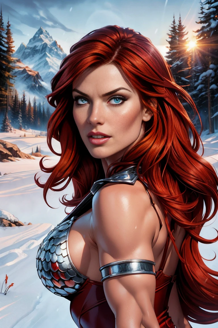 red hair, long red hair, thigh strap, armor, chainmail, armored bikini, brown gloves, red sonja, green eyes, showing armpits, raised arms, arms up, arms behind head, posing, solo, masterpiece, armpits, chainmail bikini, groin, snowy background, freezing atmosphere, silver armbands, perfect proportions