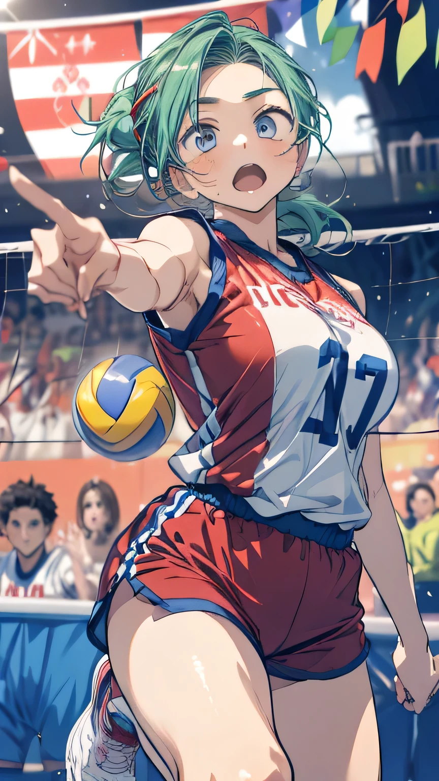 1girl 2024_summer_olympics :o absurdres aizawa_ema armpits ball blonde_hair blue_eyes bouncing_breasts breasts character_name clothes_writing elbow_pads fisheye foreshortening gradient_hair green_hair hair_flaps hair_ornament hairclip highres japanese_flag jumping knee_pads large_breasts long_hair looking_at_viewer motoja_72p multicolored_hair olympics ponytail red_shirt red_shorts shirt short_shorts shorts sleeveless sleeveless_shirt solo sportswear sweat v-shaped_eyebrows virtual_youtuber visible_air volleyball volleyball_(object) volleyball_uniform vspo! white_sneakers
