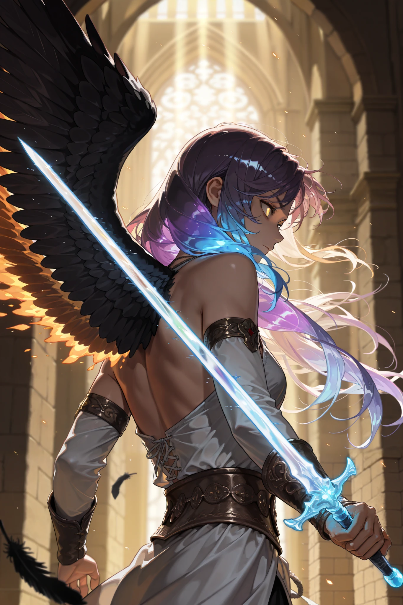 by [arknights|(748cmstyle:0.5)], god rays, cinematic shot, mature, young adult, masterpiece, best quality, amazing quality, very aesthetic, high resolution, ultra-detailed, absurdres, 1girl, maiden, solo, alone,(dynamic pose, upper body focus, dynamic shot, action shot, from side, medium shot:1.2), golden eyes,purple hair, translucent eyes, very long hair, very volumous hair, thick hair, (prismatic hair, reflective hair, rainbow hair:1.22), glitch art photo, white clothes, (fantasy attire, mythical attire, greek myth:1.14), athletic body, soldier, elite soldier, God of War, war god, sleek stealth,  Black feathers, Fallen Angel wings, black burning feathers, burning wings, assassin's creed hidden blades, assassin's creed, Greek Temple, glowing eyes, wielding a glowing glass sword, translucent Elven sword, (glitchy sword, glitching sword:1.414),BREAK, depth of field, volumetric lighting 