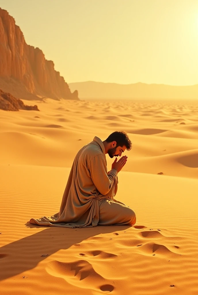 Man wearing Arab dress with mask in desert praying to Allah at dawn