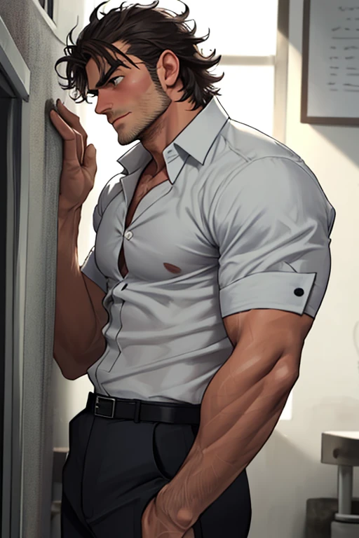 A model of a sexy naked man only wearing an unbuttoned shirt, handsome face,black hair,abbs, penis, testicles, homoerotic, nsfw