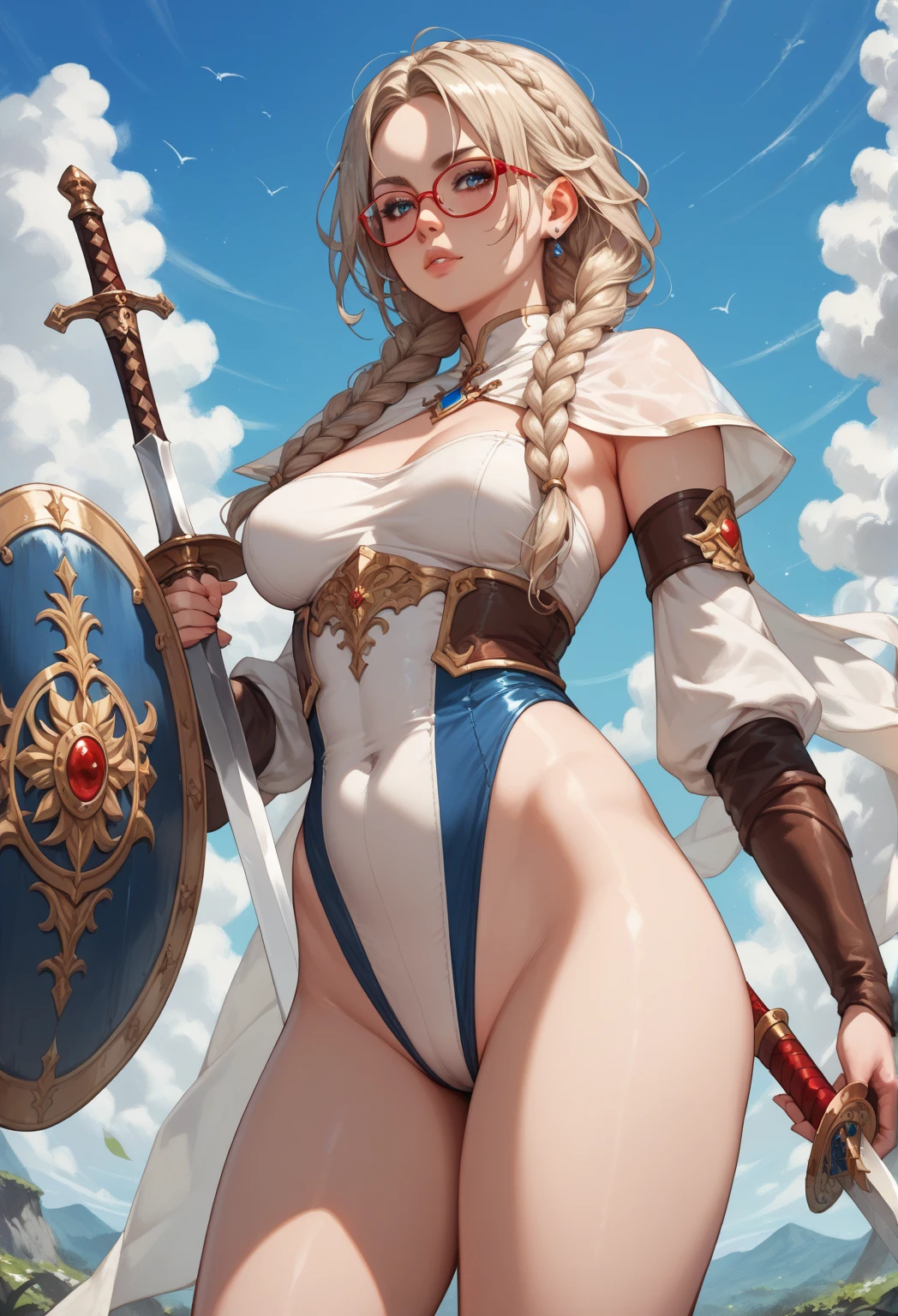 ((Mucha's style)),(vulgar),Big-breasted Pussy Woman Warrior, full view,Sexy poses,vulgar smile,gold haired,muscular woman,(heavy Gold armour))