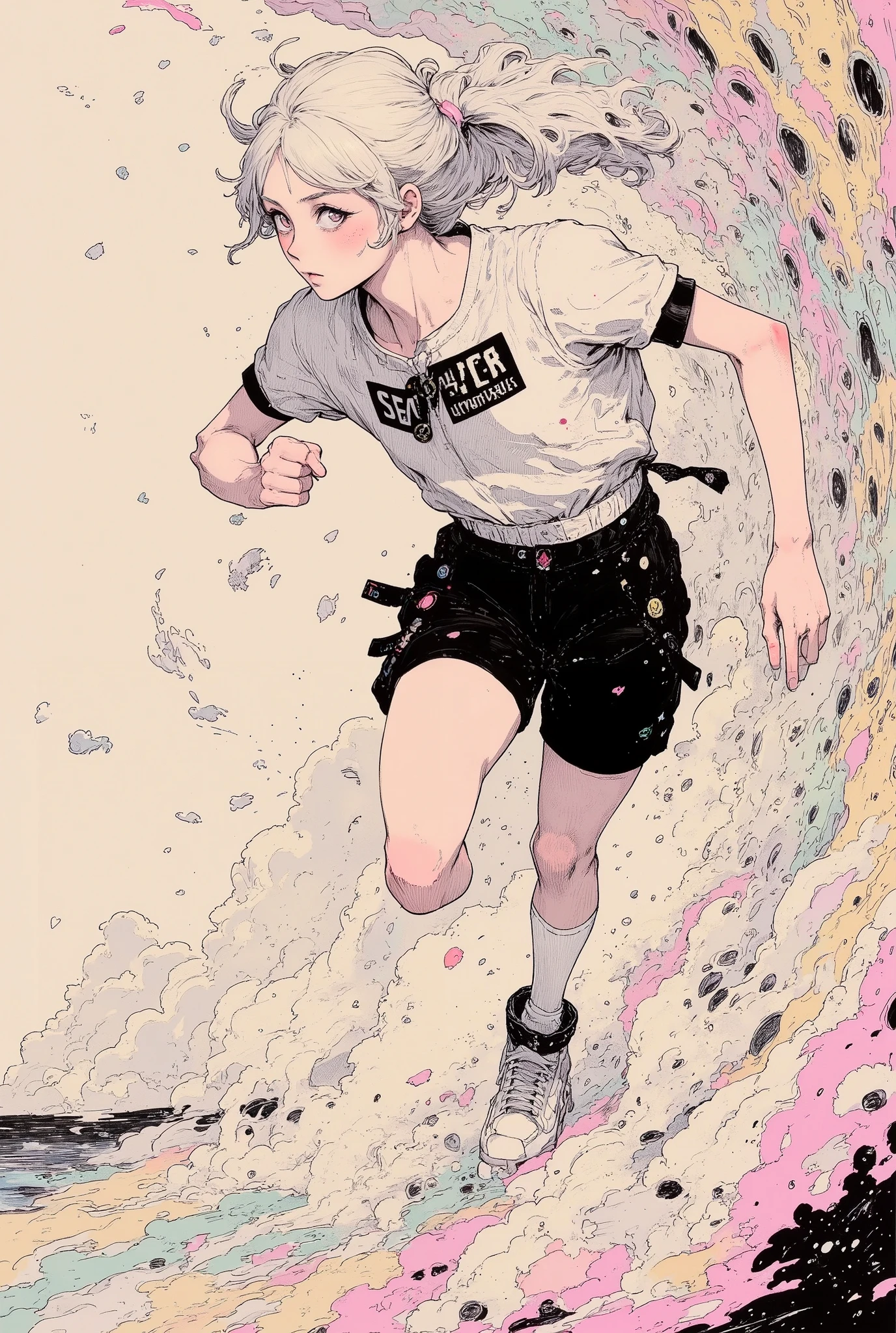 High school girls, muscular body, big , ((soft silver low ponytail hair)), forward leaning sprint dash, Aesthetic leap using the whole body, Transcendental acceleration expressed with motion blur, (((gym uniform))), sneakers, running, (detailed body : 2.0), (), (dynamic : 2.0), 1girl, japanese, blush, High Definition, masterpiece, Accurate, top quality, High Definition model, high detail, (((The textures are soft))), ((matte and toy-like with a handmade premium look)), (((Tim Burton style))), beautiful woman, anime style, simple lines, (intricate details : 1.1), beautiful detailed, beautiful hair, (Anatomically correct), wallpaper, (Walking in the wind), (Super Detail), ( Ukiyo-e:1.6), (The background is Wind Tunnel:1.6), (motion blur), 