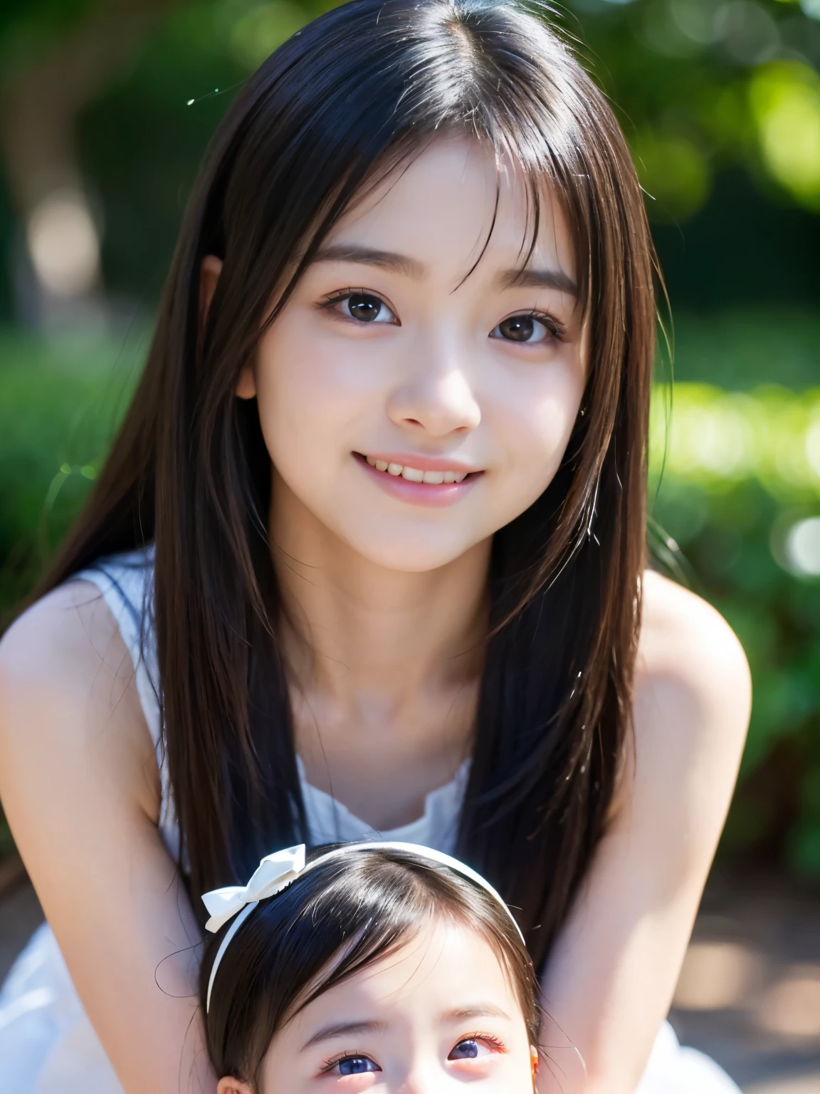 (8k), (masterpiece), (High resolution), (Realistic:1.4), Japanese, 1 girl, Childish:1.3, from the front, (Smile mischievously:1.5), happy, ((cute:1.5)), Innocent, innocent, kind, ((Double Eyes)), (Dark Eyes), Beautiful eye and skin details:1.5, (Realistic skin texture:1.5), (((High nose:1.5))), White camisole dress, White and sheer clothes, Her white clothes are transparent and her skin is visible, Her nipples are visible through her white clothes, (Pink nipples), Décolletage, Black Hair, long hair, Child body type, (Slender), summer, noon, bright, forest, (((flat chest:1.5))),