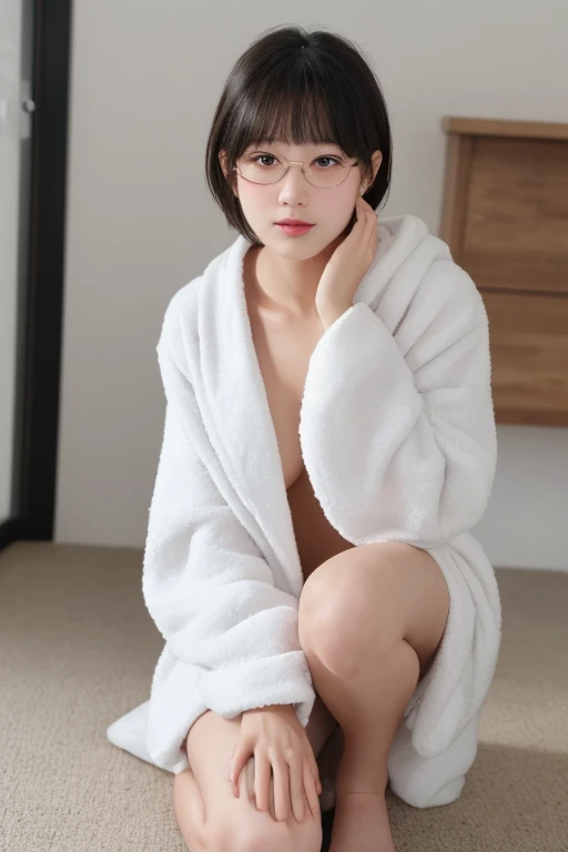 highest quality，28-year-old female，The lips are small and thick，wearing glasses，Curly Hair，Bust 96cm，Waist 59 cm，Hips 94 cm，My hair is wet after the bath，Wearing a bathrobe，The front of her bathrobe is wide open.，A little bit of her shoulder is visible through the gap in her bathrobe.，The thighs are a little thicker，Looking at the camera，Cinema Lighting，The room is a little dark，