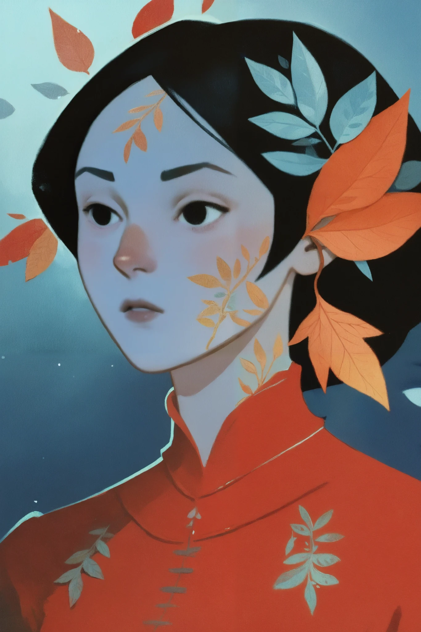 drki, close portrait, 1girl, solo, pale blue-skinned character, short black hair, intricate leaf tattoos, red outfit, ethereal atmosphere, surreal lighting, fantasy aesthetic, painterly illustration, gouache painting, soft lighting illustration, 2d art, leaves, abstract background, masterpiece, best quality