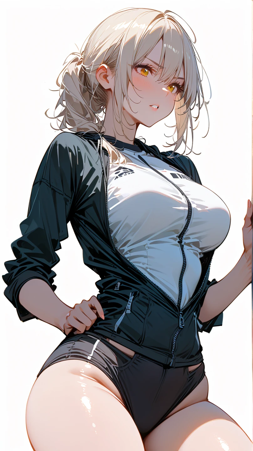 20 years old,1 mature woman,hyperrealistic, 8k, (extremely detailed 8k), (very delicate and beautiful), (masterpiece), (better quality:1.0), (ultra high resolution:1.0), (masterpiece, best quality),cute,black hair,ponytail,cowboy shot,white background,realistic skin,Denim Shorts,model posing,big breasts,excited,Parka
