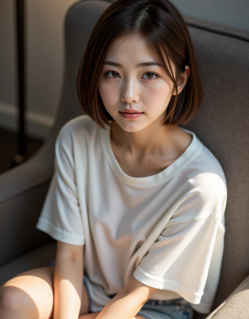 a closeup, masterpiece, top-quality, FULL ANATOMY、Raw foto, Photorealsitic, faces, unbelievable Ridiculous, beautiful a girl, cute little, shorth hair, White underwear、depth of fields, hight resolution, ultra-detailliert, finely detail, ighly detailed, extremely detailed eye and face, Realistic pupils, foco nítido, Cinematic lighting、flat breast、tiny chest、small tits、(Petite bust:1.2)、Petite bust、 (Slimed、small tit、flat boobs、small tit)、 a 20 yo woman、Sexual facial expressions、sexy pose、 Wet body、Blushing、Sweating、Very embarrassed look、The face is bright red、short-hair、Straight bob hair、Shorthair with bangs、A smile、Very detailed 8k wallpaper、Sheer white shirt、Show me your whole body、Plump bloomers、White Sox、is standing、Classroom、White T-shirt、Dark Blue Japanese Bloomers、Dark blue panties、Knees held with both hands、Sitting with bent knees、M-shaped legs、Gymnastics sitting、Physical education sitting、Large, Loose White Crew Neck T-Shirt、Nothing in the t-shirt、T-shirt on bare skin、