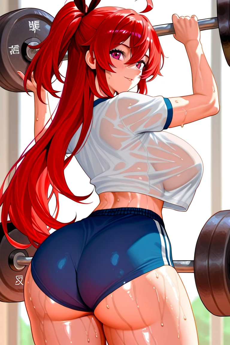 masterpiece, best quality, cowboy shot, simple background, minimalist background, 1girl, female focus, solo, Ringo Ando, green eyes, red hair, ahoge, twin drill, wristband, (gym outfit:1.25), (buruma), (red buruma:1.25), from behind, butt, wide hips, butt, large butt, huge ass, large behind, large rear, suggestive