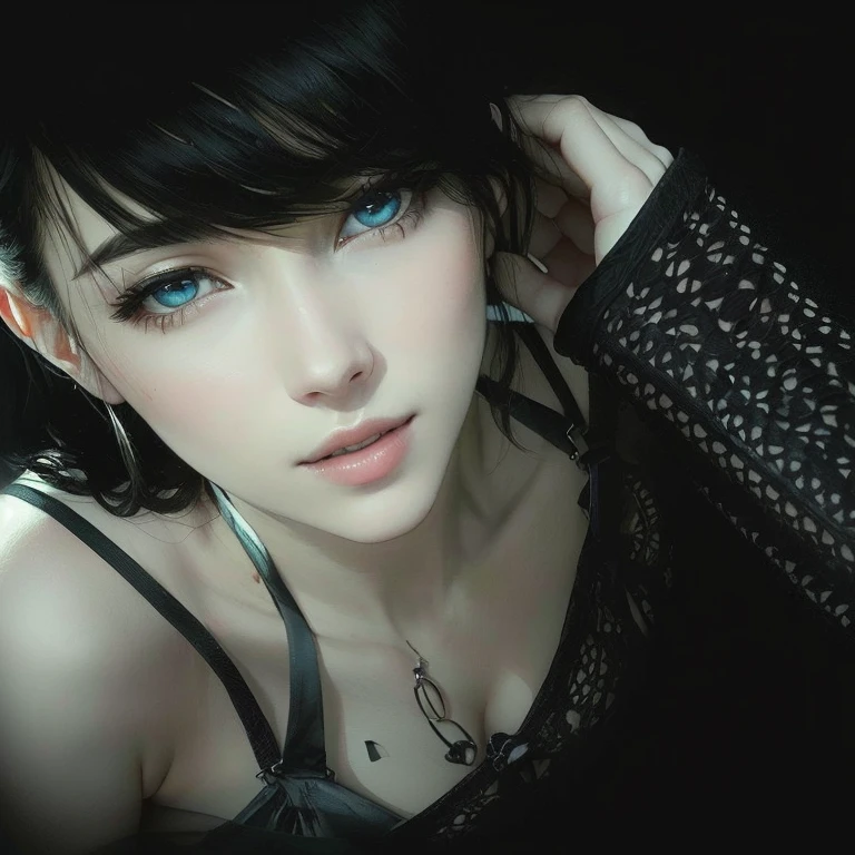 Sensual beautiful girl with dark blue hair in sensual outfit