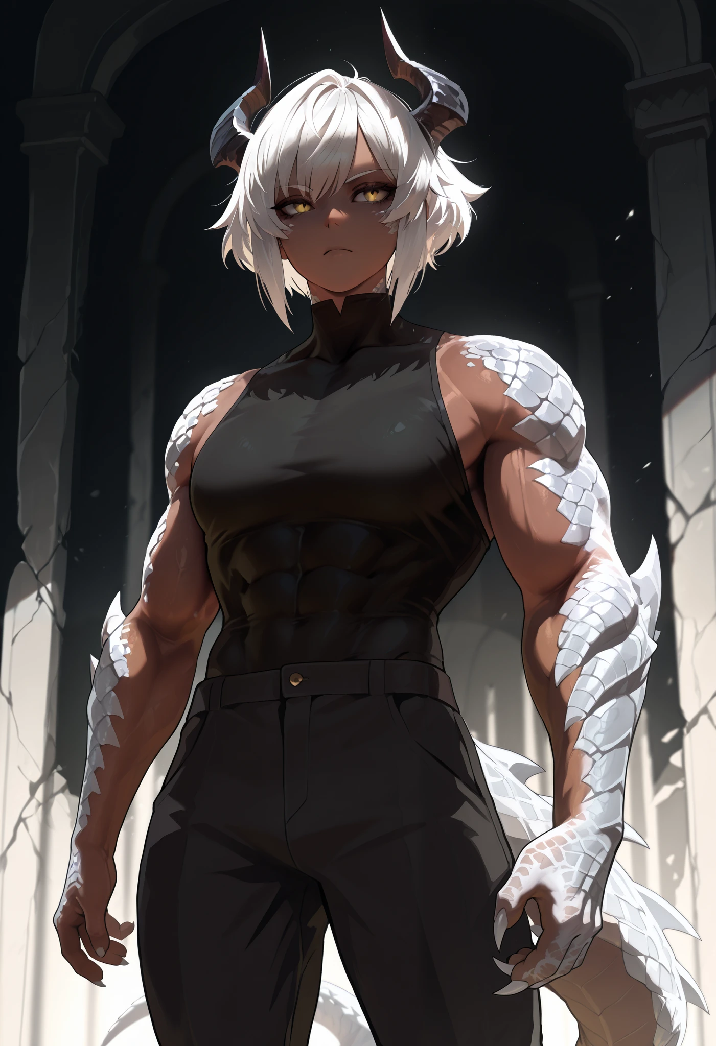 muscular creature, dark horns, yellow eyes, short spiky white hair, short hair, black skinsuit, pants, humanoid arms with sharp claws and scales, silver scales on arms and legs, calm pose, athletic, dark skin tone, BREAK background is simple and muted, with a gradient effect and soft, neutral tones.