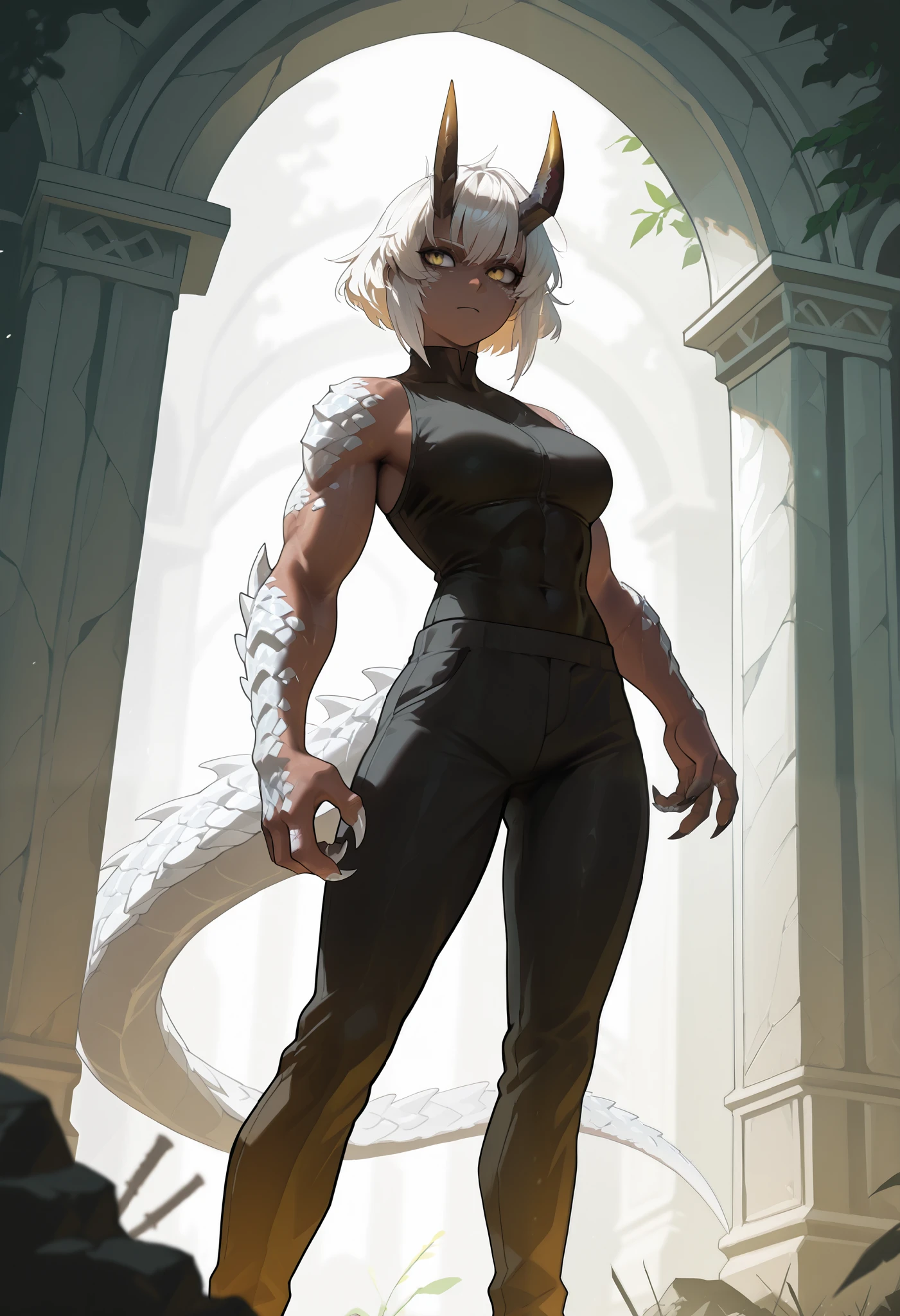 muscular creature, dark horns, yellow eyes, short spiky white hair, short hair, black skinsuit, pants, humanoid arms with sharp claws and scales, silver scales on arms and legs, calm pose, athletic, dark skin tone, BREAK background is simple and muted, with a gradient effect and soft, neutral tones.