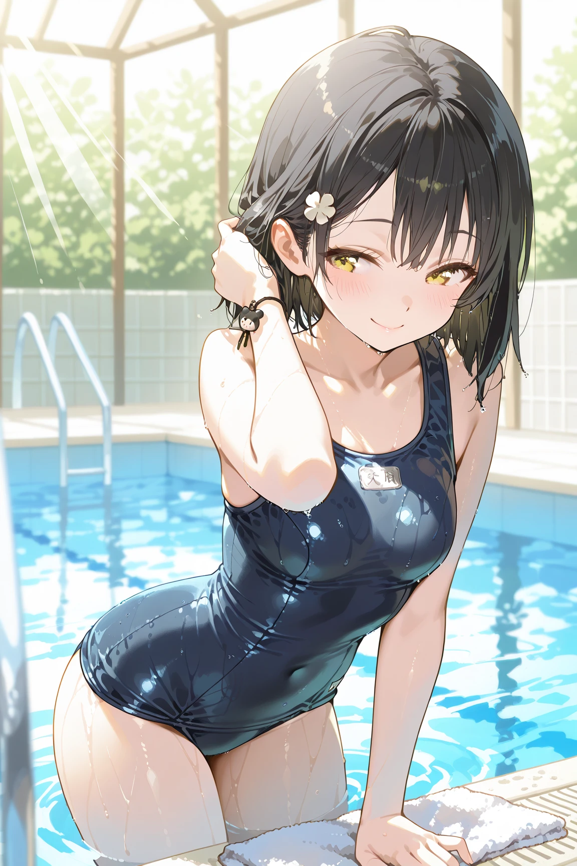 {{real anime, year 2023, anime screencap, promotional art}}, {{perfect anatomy}}, official art, {absurdres, very aesthetic, beautiful quality}, nsfw, 1girl, 1boy, hetero, clothed sex, {{cross-section}}, {{internal cumshot}}, girl on top, m legs, hands on another's body, penis in pussy, swimsuit aside, male pubic hair, clothed female nude male, latex school swimsuit, covered nipples, {{nervous sweating}}, {{{wet}}}, sweatdrops, water drops, symmetrical pose, shiny skin, {{feet out of frame}}, {{black hair, medium hair, ponytail}}, oval face, {{closed eyes}}, facing viewer, {{embarrassed, blush, evil smile}}, {open mouth, tongue, upper teeth only}, {medium breasts}, {slender}, {{photo-referenced}}, {outdoors}, pool, {{pool side}}, day, sky, summer, blurry background, backlighting, {{{light particles}}},