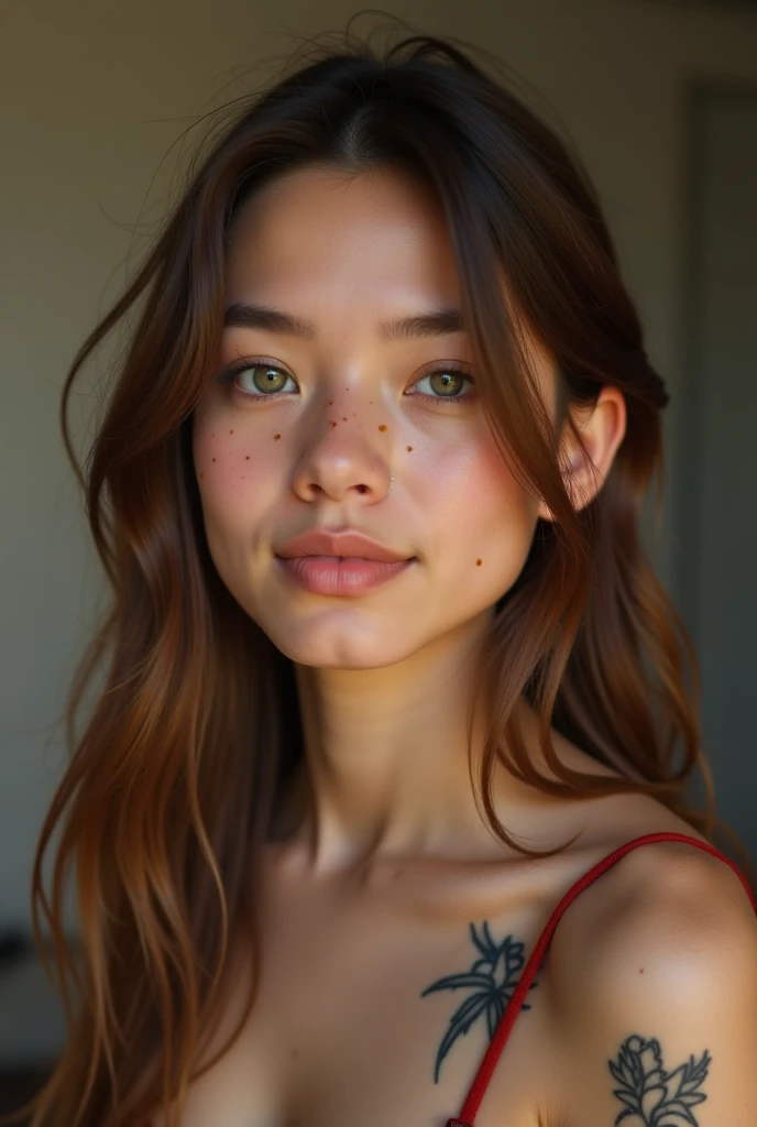 (portrait, editorial photograph of a beautiful asian girl, adorable face, freckles, long brown curly hair, hazel eyes, by lee jeffries, nikon d850, film stock photograph ,4 kodak portra 400 ,camera f1.6 lens ,rich colors ,hyper realistic ,lifelike texture, dramatic lighting, (highly detailed face:1.4), perfect eyes, realistic iris, perfect teeth, (smile:0.7), (background dark, shadow of the leaves, moody, cleavage), sun rising, early morning light, Wishing for something, masterpiece, best quality, photorealistic, Citizen of Guinea-Bissau, very cute super model, perfect anatomy, skinny, ((small breasts))