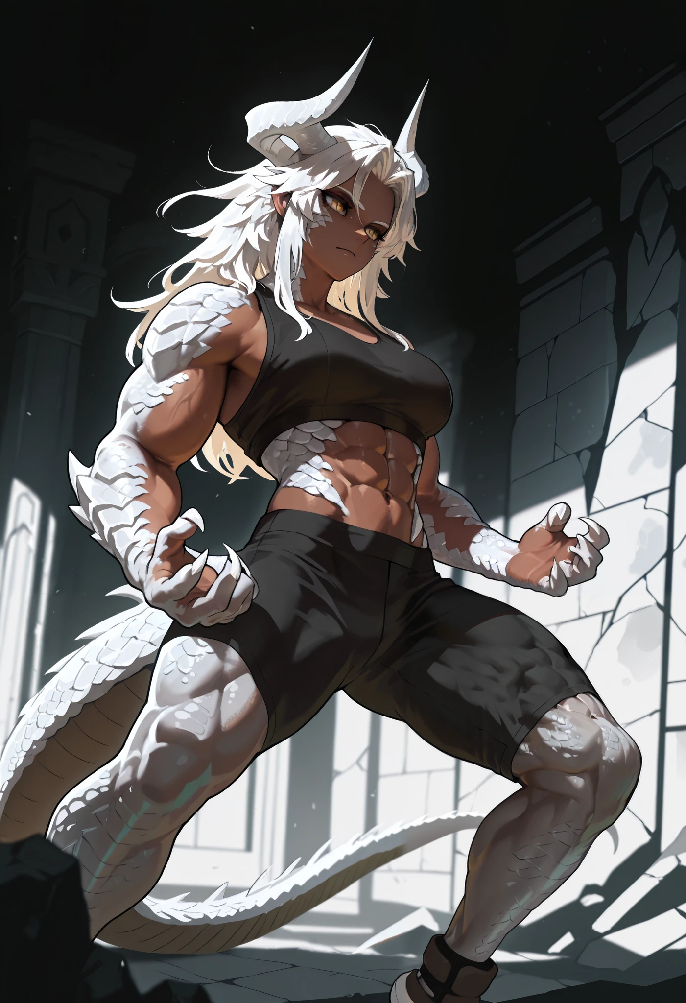muscular creature, horns, yellow eyes, short spiky white hair, black crop top, humanoid arms with scales, sharp claws and scales, scaly abs, silver scales on arms and legs, calm pose, athletic, posed in a dynamic stance,dark skin tone, BREAK background is simple and muted, with a gradient effect and soft, neutral tones.