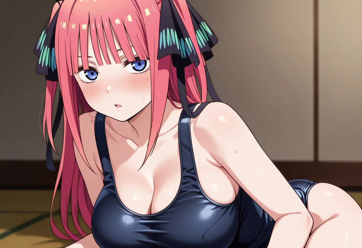 best quality, insanely detailed, nino nakano, breasts, blush, bedroom background, looking at viewer, cheerful eyes, masturbation, pussy, nsfw,arousal, one-piece swimsuit