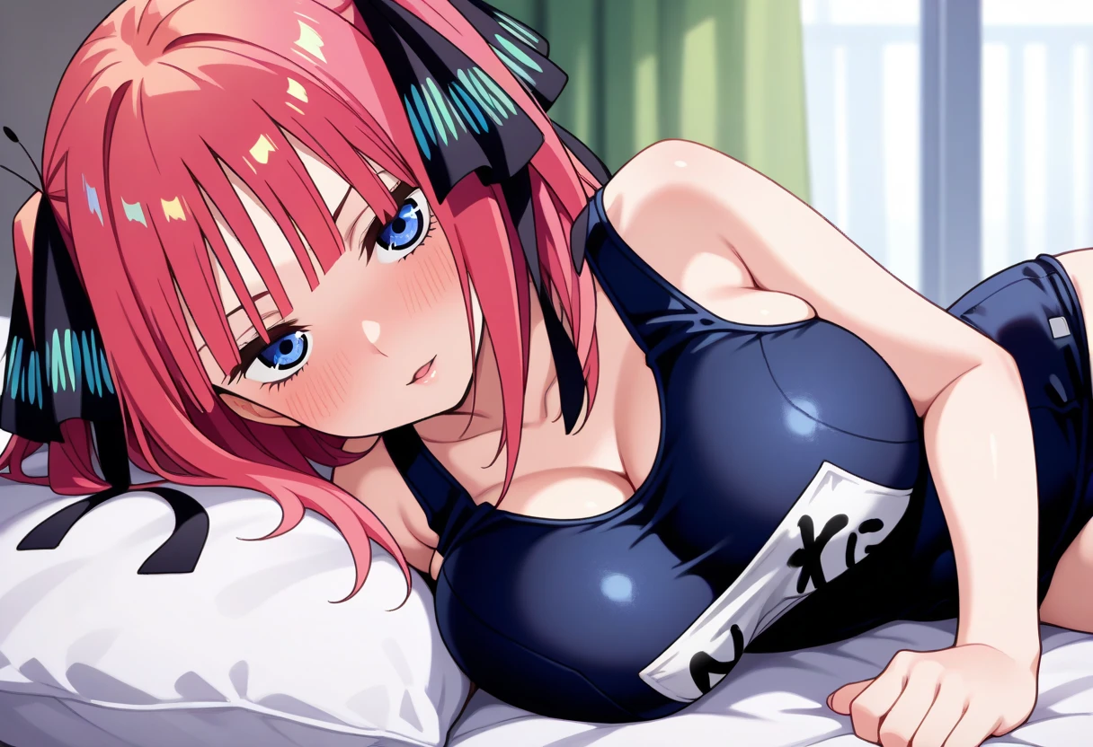 best quality, insanely detailed, nino nakano, breasts, blush, bedroom background, looking at viewer, cheerful eyes,arousal, one-piece swimsuit, old school swimsuit, pussy, nsfw
