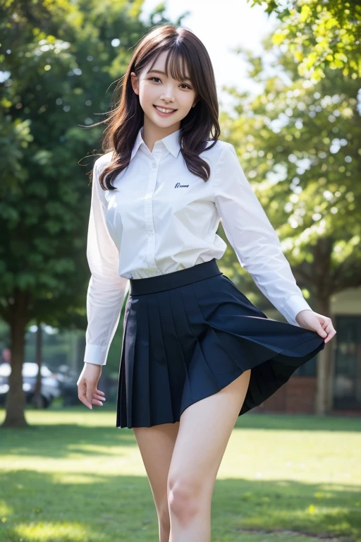 ((Best of the highest quality, 8k, Masterpiece: 1.3, raw photo)), Sharp focus: 1.2, (1 AESPA girl: 1.1), (Solo: 1.18), (realistic, photo-realistic:1.37), face focus, cute face, finely eyes, (Small breasts, flat chest, Thigh: 1.3), (business suit skirt: 1.2), short messy hair, updo, (Roll up the skirt: 1.2), (Lift skirt hem), (Lifting skirt while standing to show off under hair to us: 1.4), garden, flower,